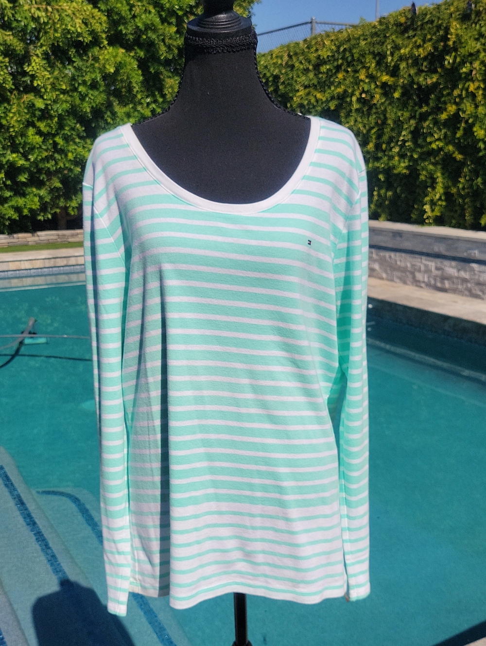 Tommy Hilfiger 100% Cotton Mint & White Striped Long Sleeve Scoop Neck Tee XXL